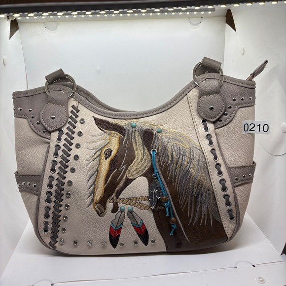 The Unbranded Brand Handbags - Western Horse Embroidered Hobo Bag Cream Taupe Studded Shoulder Purse Turquoise